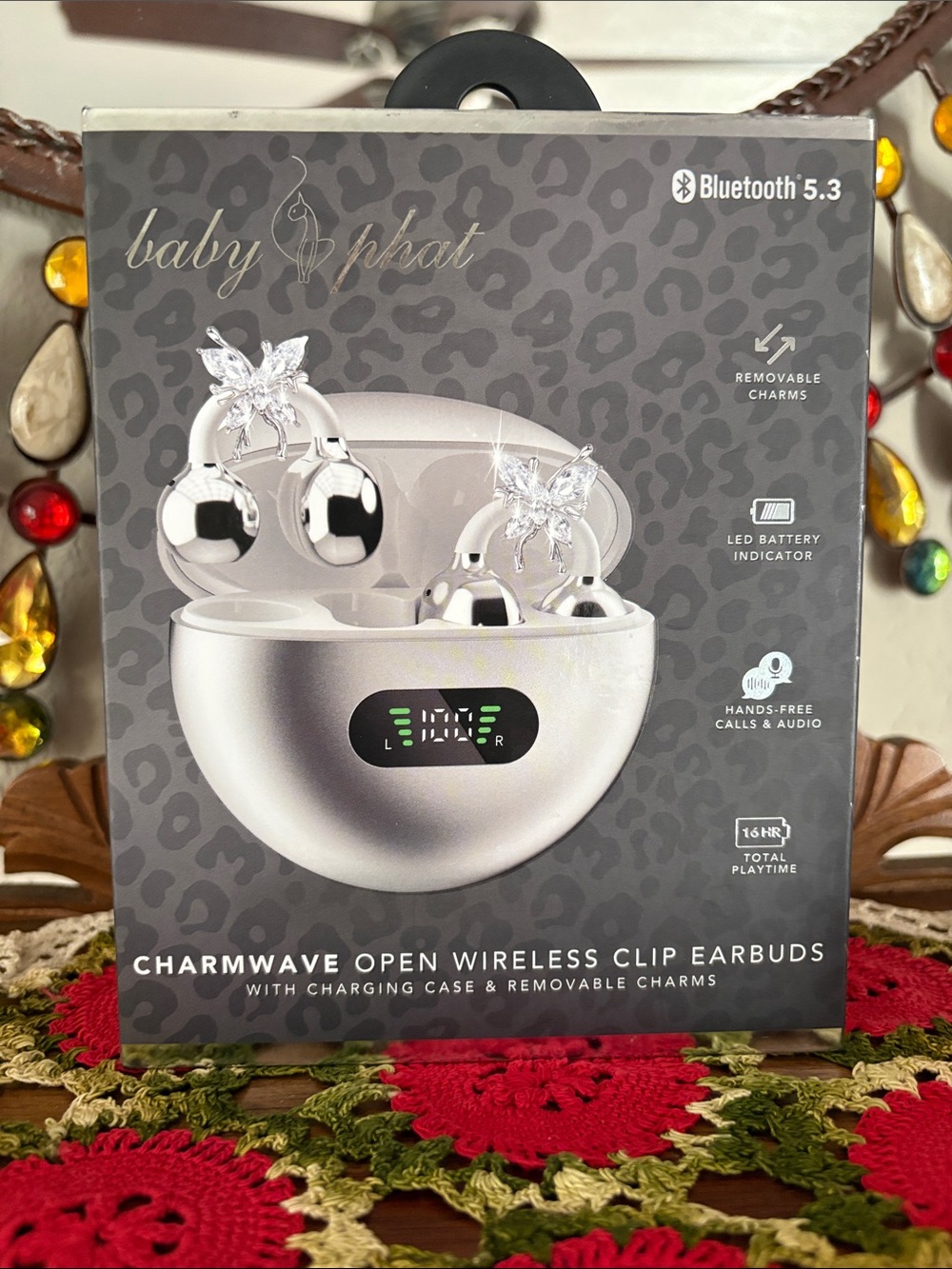 NIB Baby Phat Silver CharmWave Open Wireless Clip Earbuds with Butterfly Charms